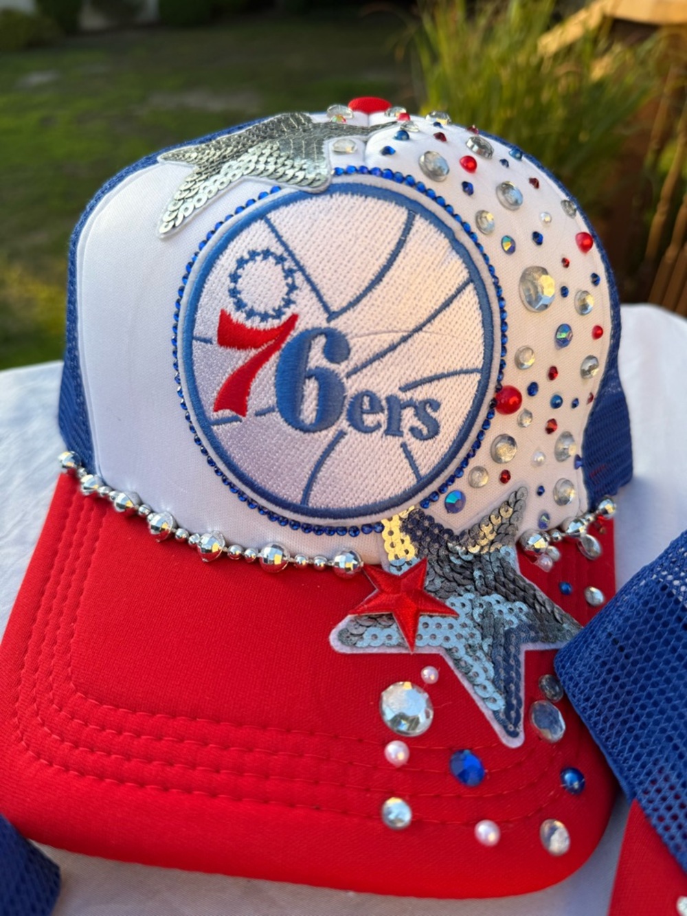 Philadelphia 76ers Embellished Trucker Hat - Red, White & Blue custom  nwot